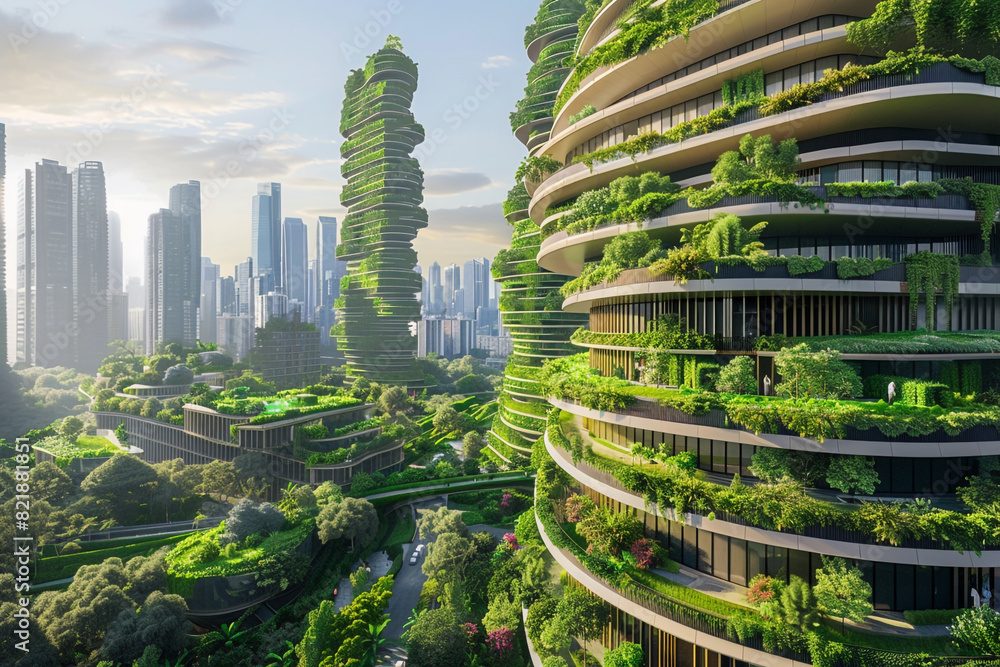 Sustainable urban design project concept Green cityscape, including eco-friendly buildings and lush parks It reflects a future focused approach to city planning 