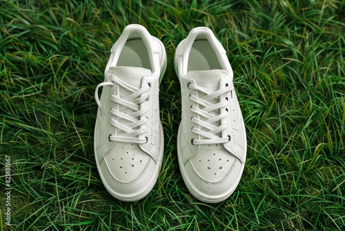 Pristine White Sneakers on Lush Green Grass Background