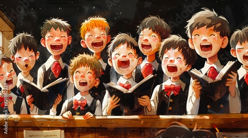 An illustration of a joyful choir of children singing with open songbooks, exuding happiness and enthusiasm. photo