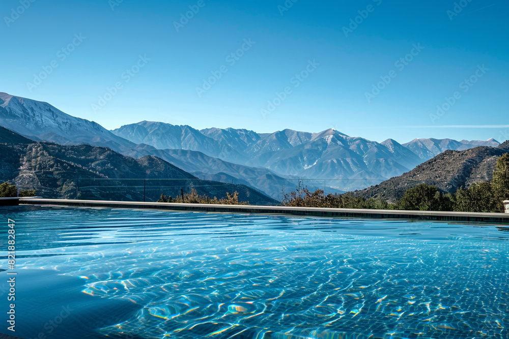 Swimming pool with mountains in the background 
