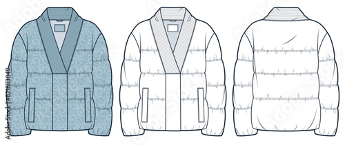 Down Jacket technical fashion Illustration, floral pattern. Padded Jacket fashion flat technical drawing template, ribbed collar, front, back view, white, light blue, women, men, unisex CAD mockup set
