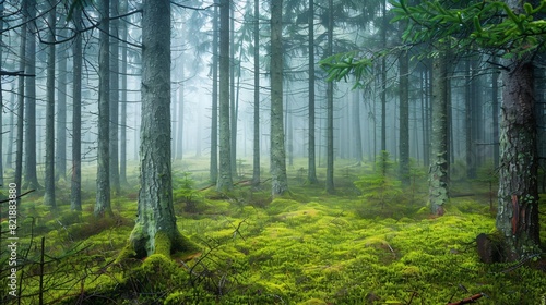 pine forest with a green mossy floor © Ali Clicks