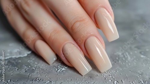 The elegance of a woman s hand with a neutral-colored manicure is captured against a gray backdrop. The long square nails  coated in a beautiful gel finish  reflect a timeless style.