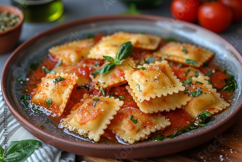 Ravioli: A plate of ravioli with visible fillings, served in a light butter or tomato sauce, garnished with fresh basil or sage.