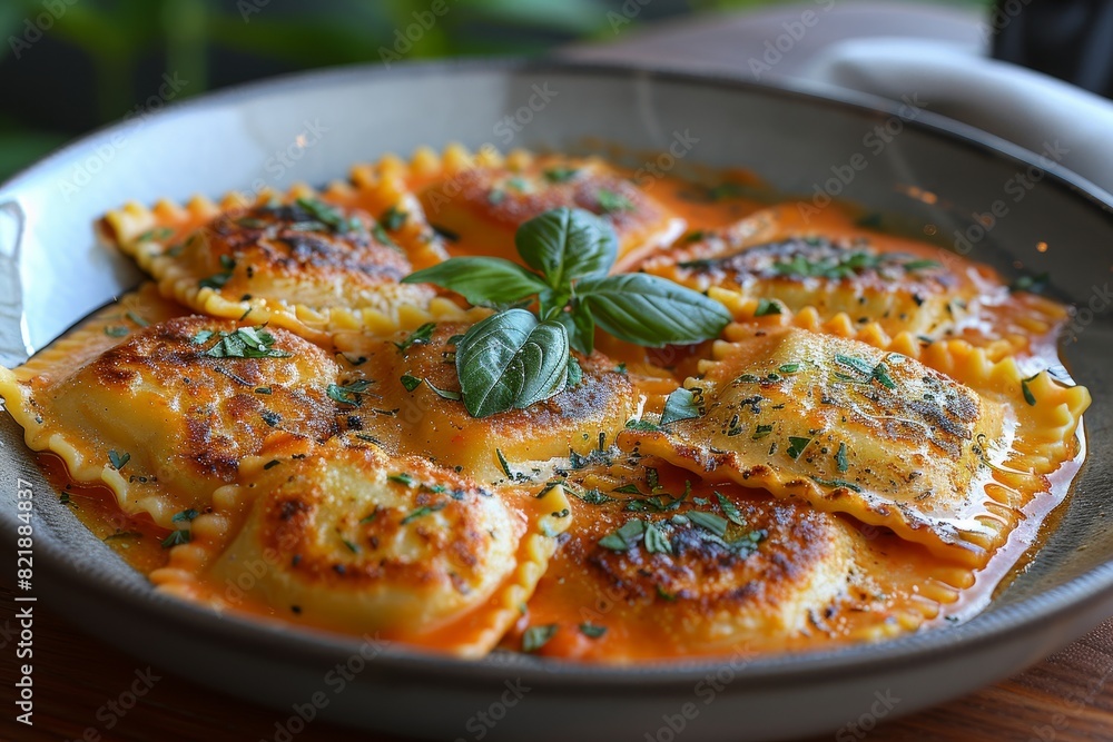 Ravioli: A plate of ravioli with visible fillings, served in a light butter or tomato sauce, garnished with fresh basil or sage. Ravioli: A plate of ravioli with visible fillings, served in a light butter or tomato sauce, garnished with fresh basil or sage.