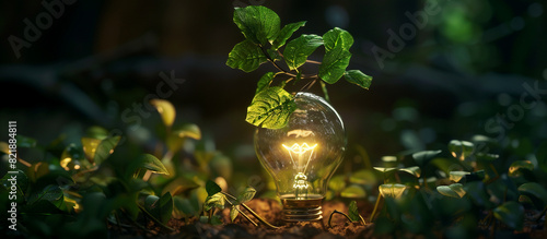 A light bulb with green leaves growing inside symbolizes eco-friendly energy and sustainability. The background is lush foliage under the warm glow of sunlight.
