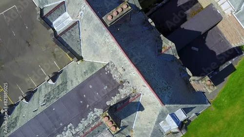 Aerial view of Bangour Village Hospital with historic abandoned buildings and greenery, Broxburn, Scotland, United Kingdom. photo