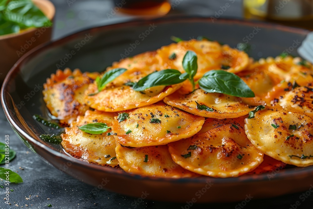 Ravioli: A plate of ravioli with visible fillings, served in a light butter or tomato sauce, garnished with fresh basil or sage. Ravioli: A plate of ravioli with visible fillings, served in a light butter or tomato sauce, garnished with fresh basil or sage.