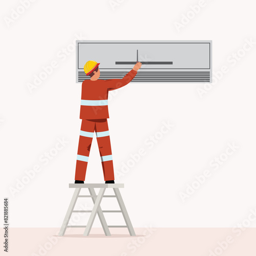 Technician in helmet repairing air conditioner on ladder