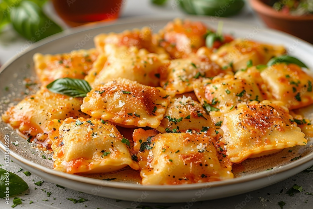 Ravioli: A plate of ravioli with visible fillings, served in a light butter or tomato sauce, garnished with fresh basil or sage. Ravioli: A plate of ravioli with visible fillings, served in a light butter or tomato sauce, garnished with fresh basil or sage.
