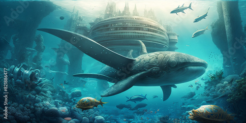 Underwater world of sea kingdom fantasy scenery with gigantic fish ai. photo