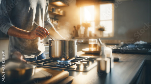 Young Man Cooking in Sunlit Kitchen