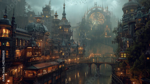 steampunk air city, floating city, sky city, airborne metropolis, cloud city, flying city, steampunk metropolis, aerial city, skyborne city, steampunk sky city, steampunk floating city, steam-powered  © Eugene