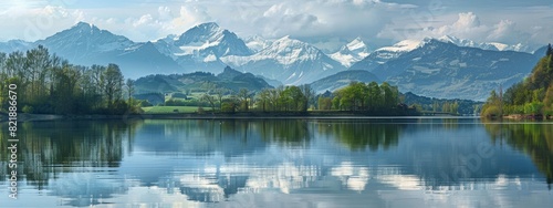 tranquil lake reflecting majestic idyllic mountains landscape scenery