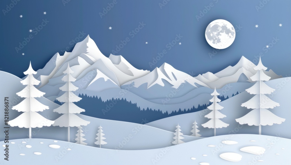 Abstract paper cut art of snowcovered mountains and trees, simple shapes, flat design, white color palette, vector illustration style. Abstract paper cut art of snowcovered mountains and trees, simple shapes, flat design, white color palette, vector illustration style.