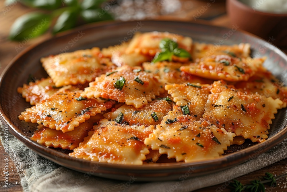 Ravioli: A plate of ravioli with visible fillings, served in a light butter or tomato sauce, garnished with fresh basil or sage. Ravioli: A plate of ravioli with visible fillings, served in a light butter or tomato sauce, garnished with fresh basil or sage.