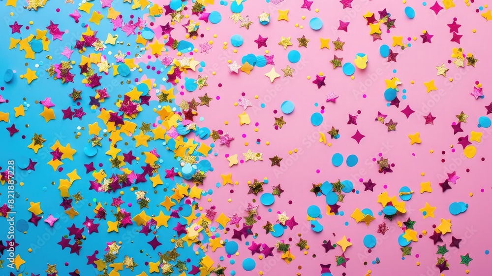 Vibrant confetti on multicolored pink, blue, yellow background. Festive backdrop for your design, copy space.