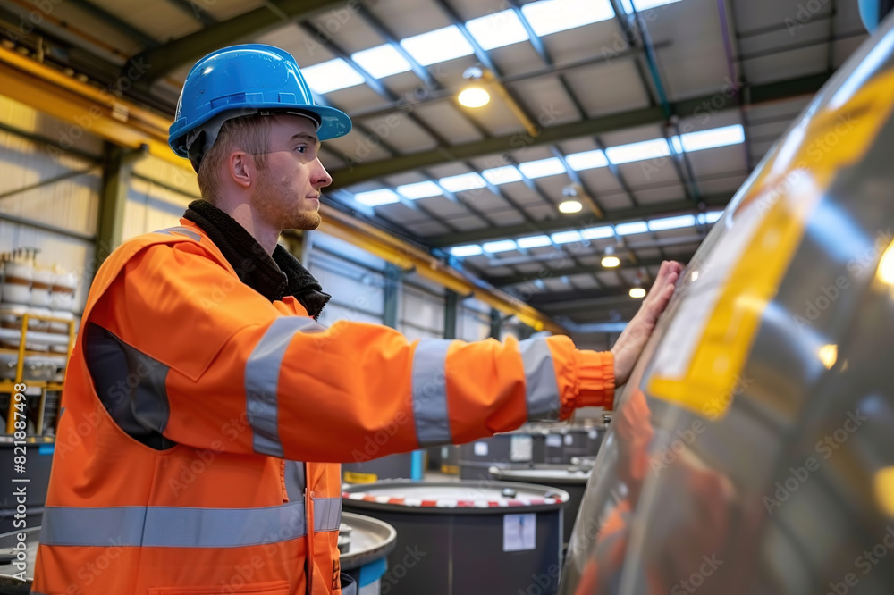 Engineer inspecting chemical tanks in factory, strict quality standards. Engineer inspecting chemical tanks in factory, strict quality standards.