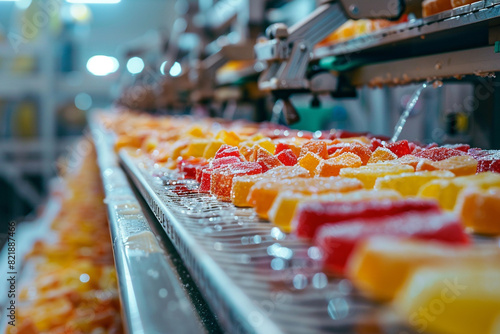 tape sweets, candied fruits, in the food industry, products ready for automatic packaging Concept with automated food production 