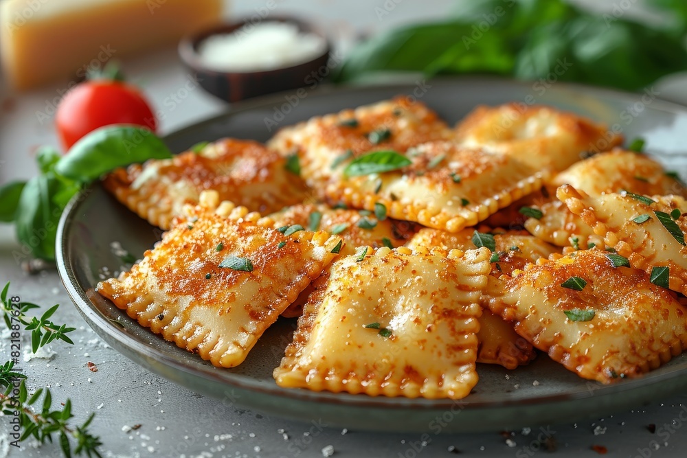 Ravioli: A plate of ravioli with visible fillings, served in a light butter or tomato sauce, garnished with fresh basil or sage. Ravioli: A plate of ravioli with visible fillings, served in a light butter or tomato sauce, garnished with fresh basil or sage.
