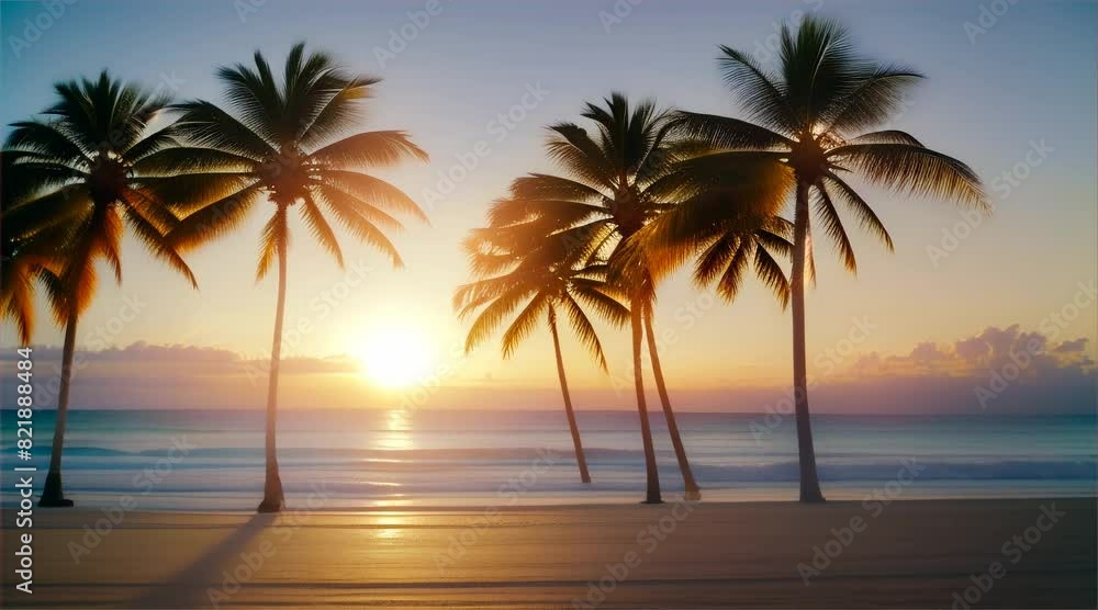 Coastal Paradise: A serene beachscape with palm trees, coconut trees, and turquoise waters under a sunny sky Coastal Paradise: A serene beachscape with palm trees, coconut trees, and turquoise waters under a sunny sky