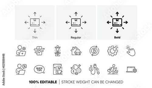 Video conference, Cardboard box and Charging cable line icons. Pack of Quickstart guide, Winner podium, Jobless icon. Vitamin e, Furniture moving, Gps pictogram. Notebook service. Line icons. Vector