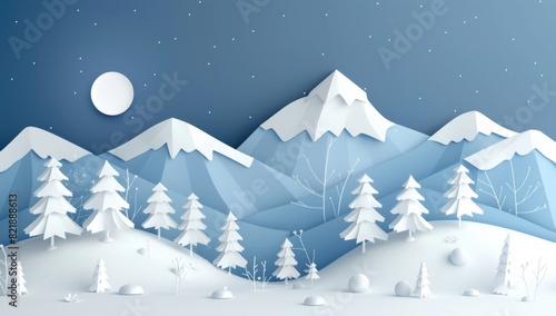 Abstract paper cut art of snowcovered mountains and trees, simple shapes, flat design, white color palette, vector illustration style. © SH Design