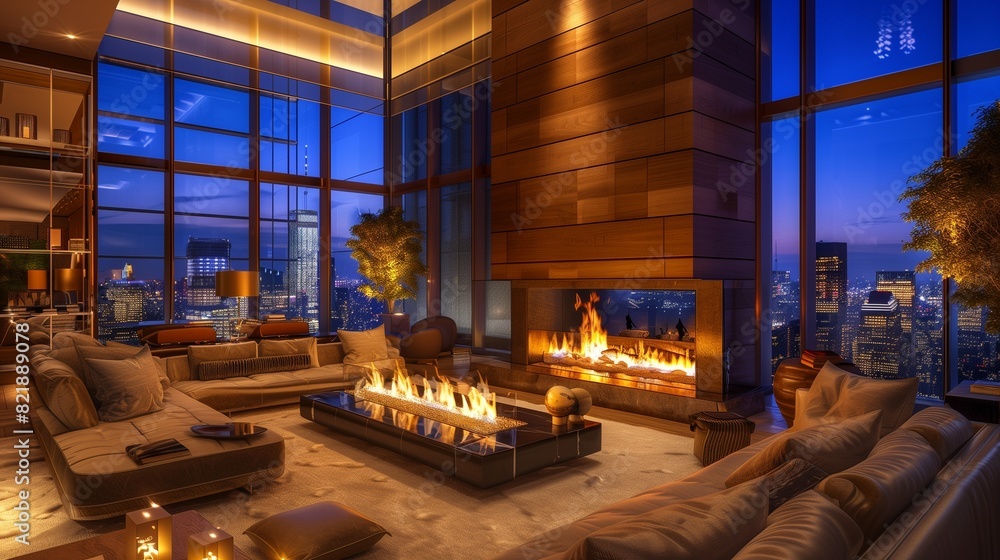 A luxurious living room with a large fireplace A luxurious living room with a large fireplace