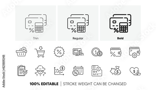 Discount, Piggy bank and Fraud line icons. Pack of Volunteer, Calendar discounts, Card icon. Money calculator, Usd coins, Online market pictogram. Dollar rate, Add purchase, Wallet. Line icons. Vector