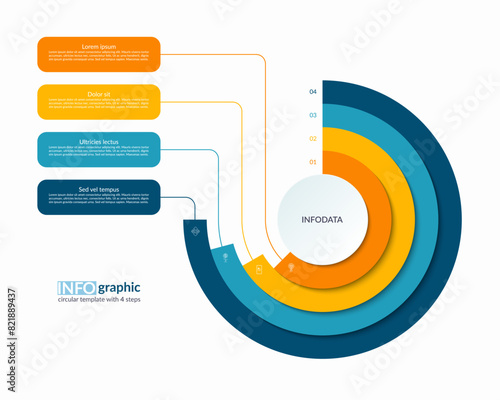 Infographic semi circle layered concentric template with 4 steps, options. Process chart, cycle diagram, vector banner for presentation, report, brochure, web, data visualization.