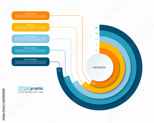 Infographic semi circle layered concentric template with 5 steps, options. Process chart, cycle diagram, vector banner for presentation, report, brochure, web, data visualization.