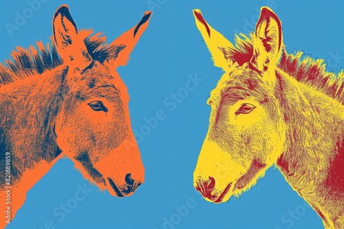 two donkeys on a blue background photo