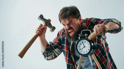 Angry man holding big hammer trying to break alarm clock