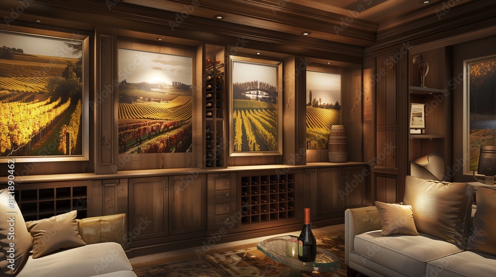 A luxurious living room with a sophisticated wine theme