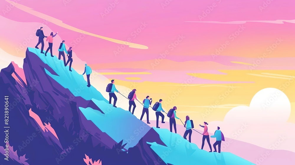 Fototapeta premium A group of people are climbing a mountain