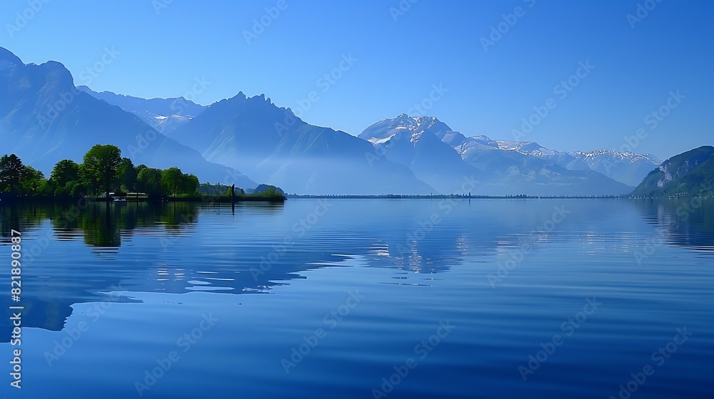 Sapphire blue lake reflecting the surrounding mountains on a calm day.