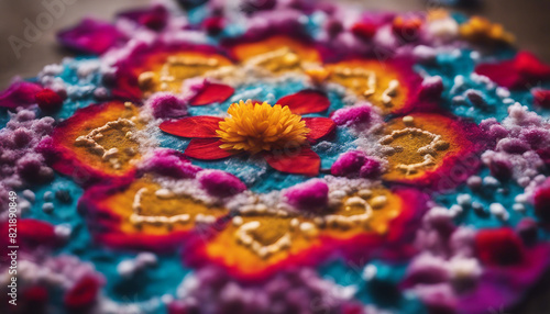 Close-Up of Colorful Rangoli Design with Flower Petals © Serkan Azeri