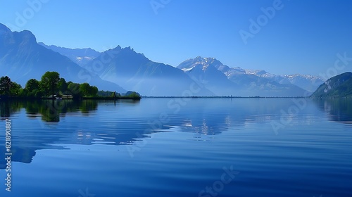 Sapphire blue lake reflecting the surrounding mountains on a calm day. © Khan
