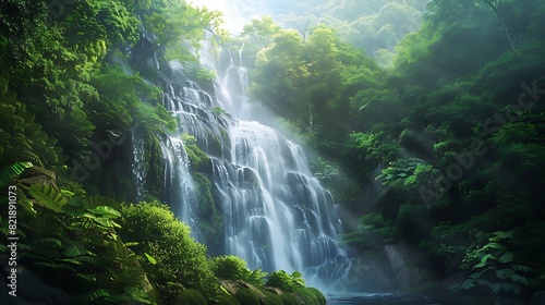 Serene Jungle Waterfall  Majestic Cascading Water on Rocky Cliff Surrounded by Lush Foliage and Misty Atmosphere