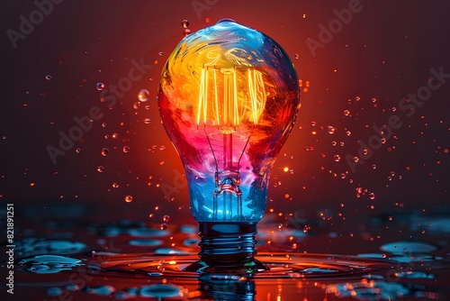 Colorful Light Bulb in Water Splash with Vivid Neon Glow for Creative Inspiration and Design Concepts