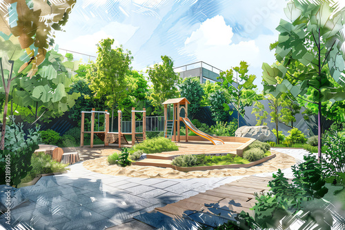 Illustration of a serene playground surrounded by lush greenery on a sunny day, perfect for a children's fun and safe outdoor activity.