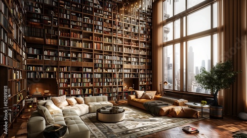 A luxurious living room with floor-to-ceiling bookshelves filled with books
