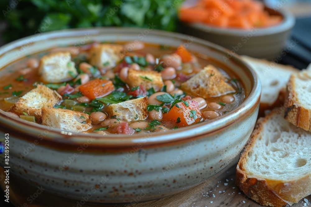 Ribollita: A thick Tuscan soup made with bread, beans, and vegetables, with a hearty and rustic appearance Ribollita: A thick Tuscan soup made with bread, beans, and vegetables, with a hearty and rustic appearance