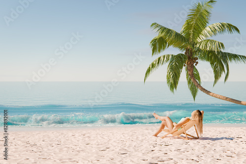 Woman relaxing on a tropical beach in a deck chair under a palm tree with Copy Space