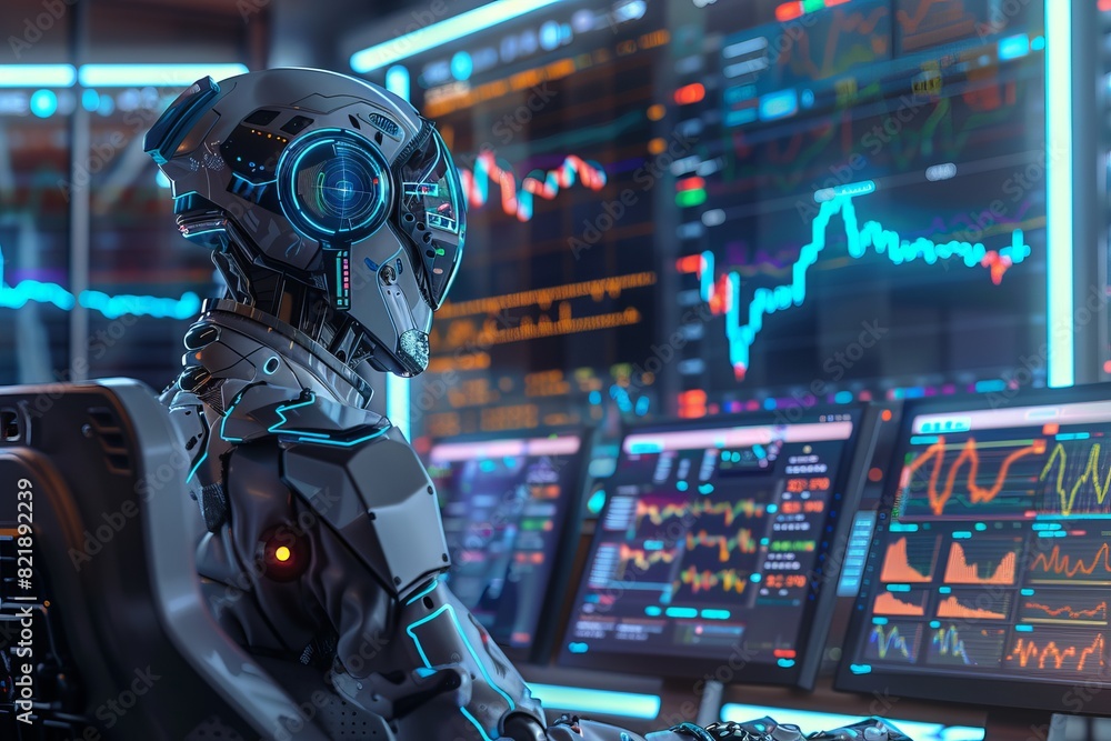 Fototapeta premium Advanced AI Robot Analyzing Data on Multiple Monitors