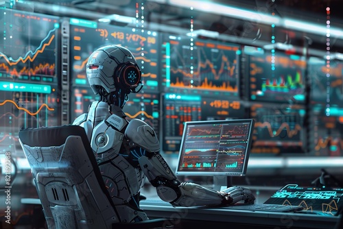 Advanced AI Robot Analyzing Data on Multiple Monitors