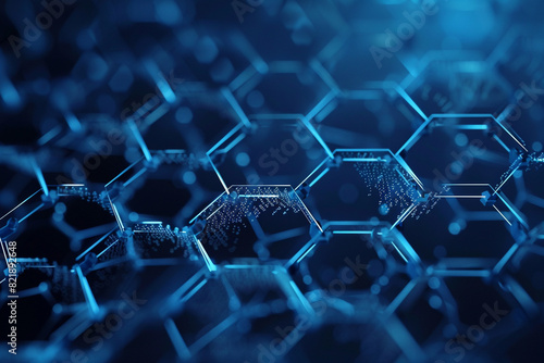 Technology  chemistry  molecular biology  science  materials science  medical Abstract hexagonal molecular structures on a dark blue background 