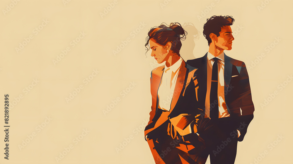 Man and woman business people in elegant suits standing together illustration Man and woman business people in elegant suits standing together illustration