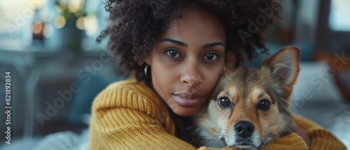 A woman embraces her dog, both looking at the camera with a tender expression. Cozy indoor setting with blurred background lights.