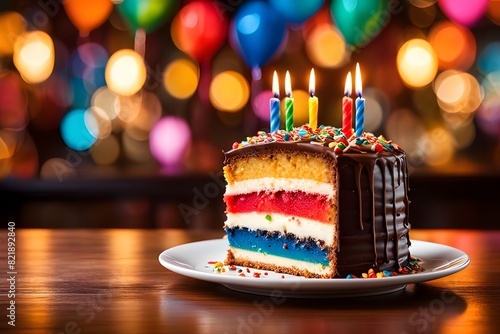 Congolese bar cake with colorful bokeh background, birthday cake, ai generative